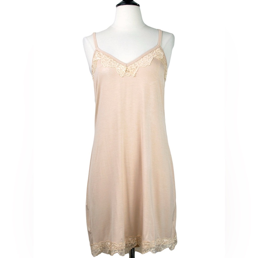 Soft Jersey Knit Slip with Adjustable Straps and Lace Trim in Sand